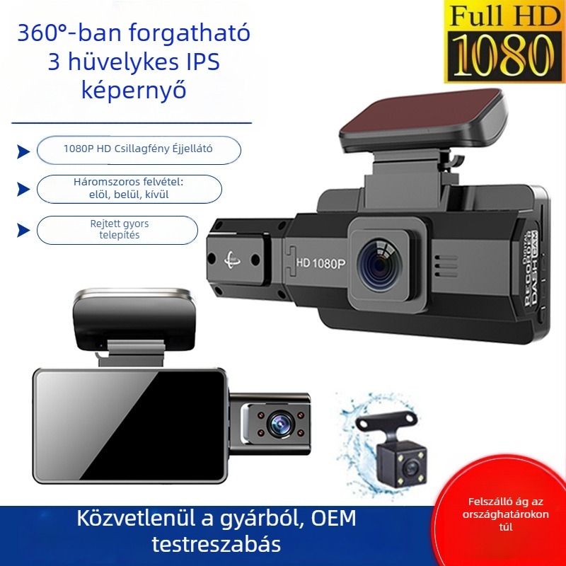 A88 360°-os forgatható éjjellátó autós dash kamera, előre és belső kettős lencsével, 1080p, 3 hüvelykes kijelző, parkolás nyomon követése