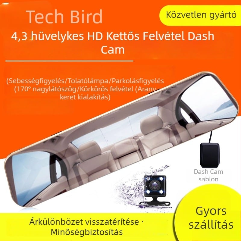 4,3 hüvelykes autós DVR, elülső és hátsó duál felvétellel, HD éjjellátás, kettős objektív