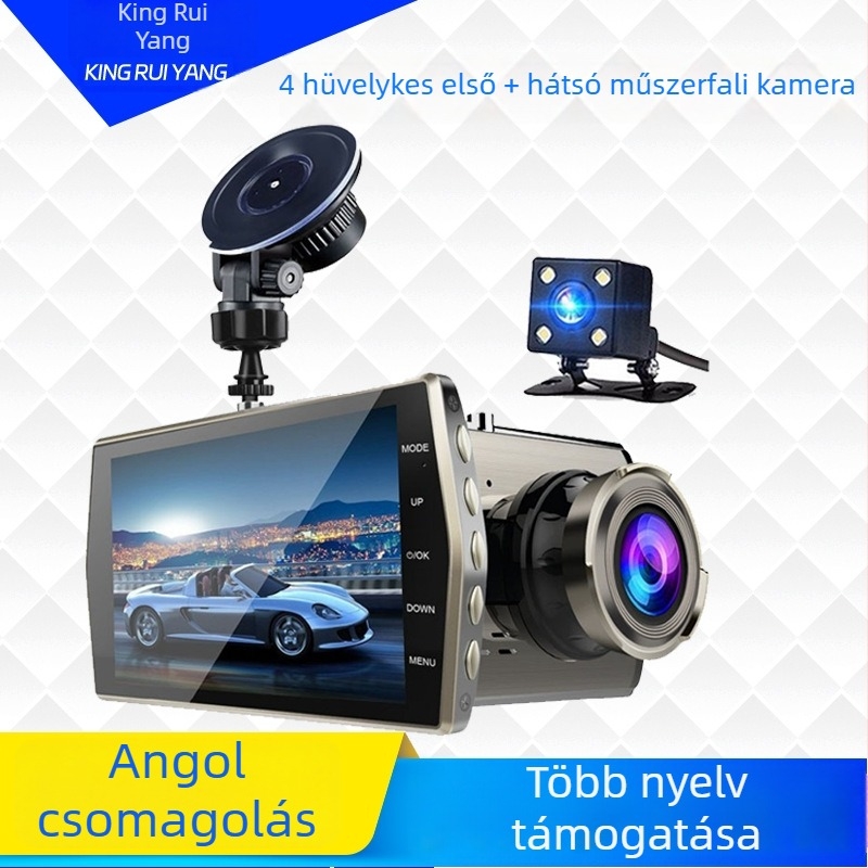 Fém házú 4 hüvelykes autós dash cam, 1080p, elő- és hátsó felvétel, éjszakai látás és tolatókép