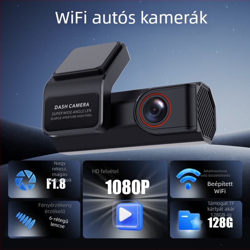 Elölre szerelt, egyobjektívű autó-dashcam, 1080p, 140° látószög, Wi‑Fi