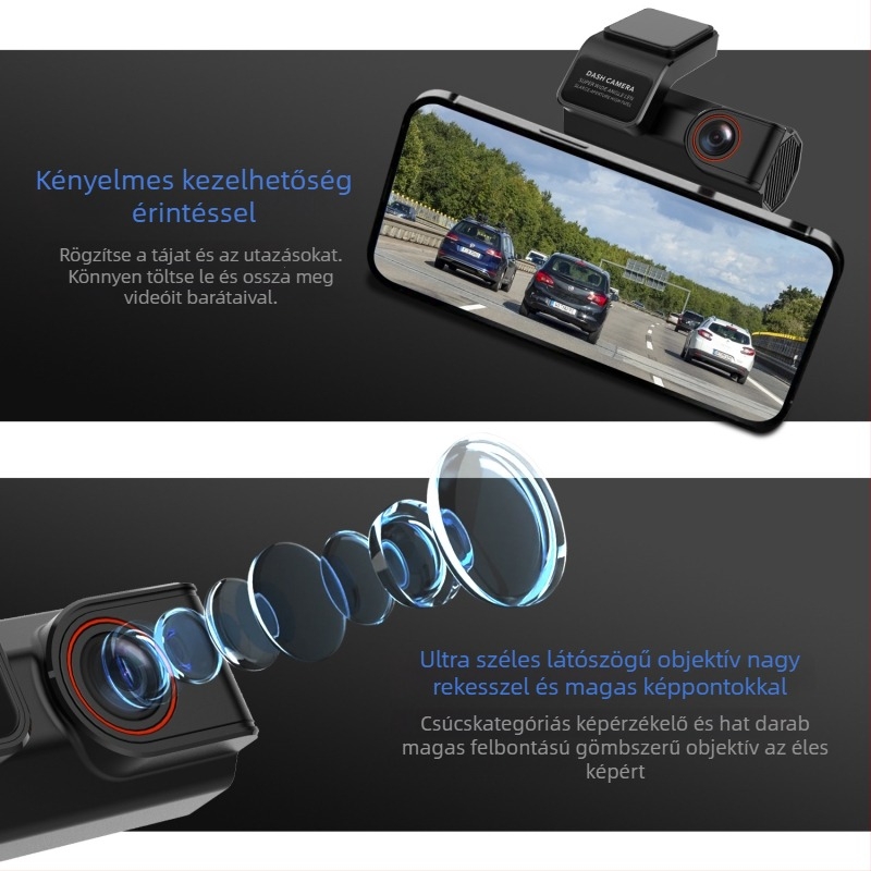 Elölre szerelt, egyobjektívű autó-dashcam, 1080p, 140° látószög, Wi‑Fi