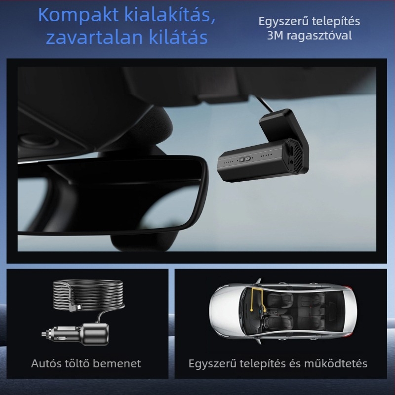 Elölre szerelt, egyobjektívű autó-dashcam, 1080p, 140° látószög, Wi‑Fi