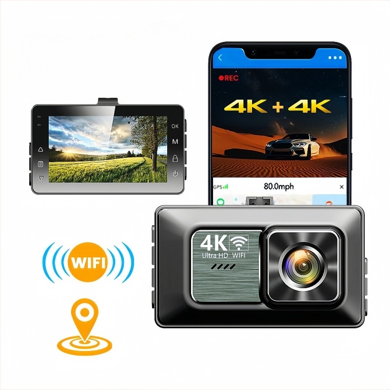 3 hüvelykes autós dashcam, elöl- és hátulról rögzítés, 4K+4K, éjjellátás, Wi-Fi
