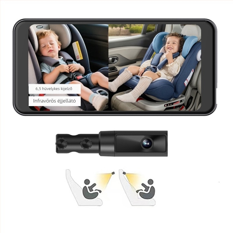 Autóba használható babafigyelő kettős lencsével, 2K HD felvétel, 7 hüvelykes kijelző, Wi‑Fi, TF-kártya támogatás 256 GB-ig