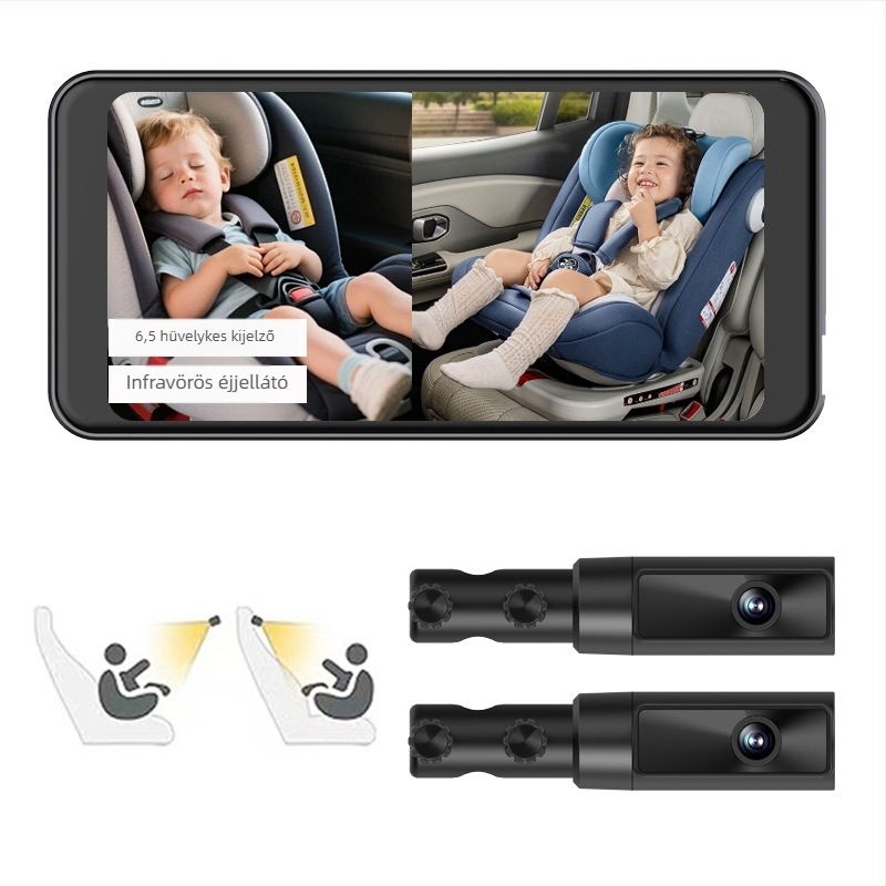 Autóba használható babafigyelő kettős lencsével, 2K HD felvétel, 7 hüvelykes kijelző, Wi‑Fi, TF-kártya támogatás 256 GB-ig