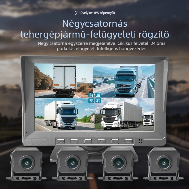24V teherautó fedélzeti kamera, 360°-os nézet, elöl és hátul négycsatornás felvétel, hátrameneti kép – mindent egyben