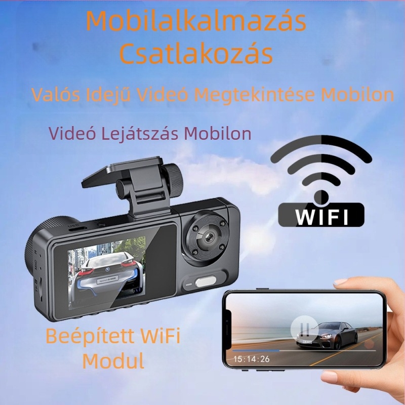 Háromlencsés autós dashcam, 1080p felvétel, 170° látószög, GPS nyomkövetés, Wi‑Fi