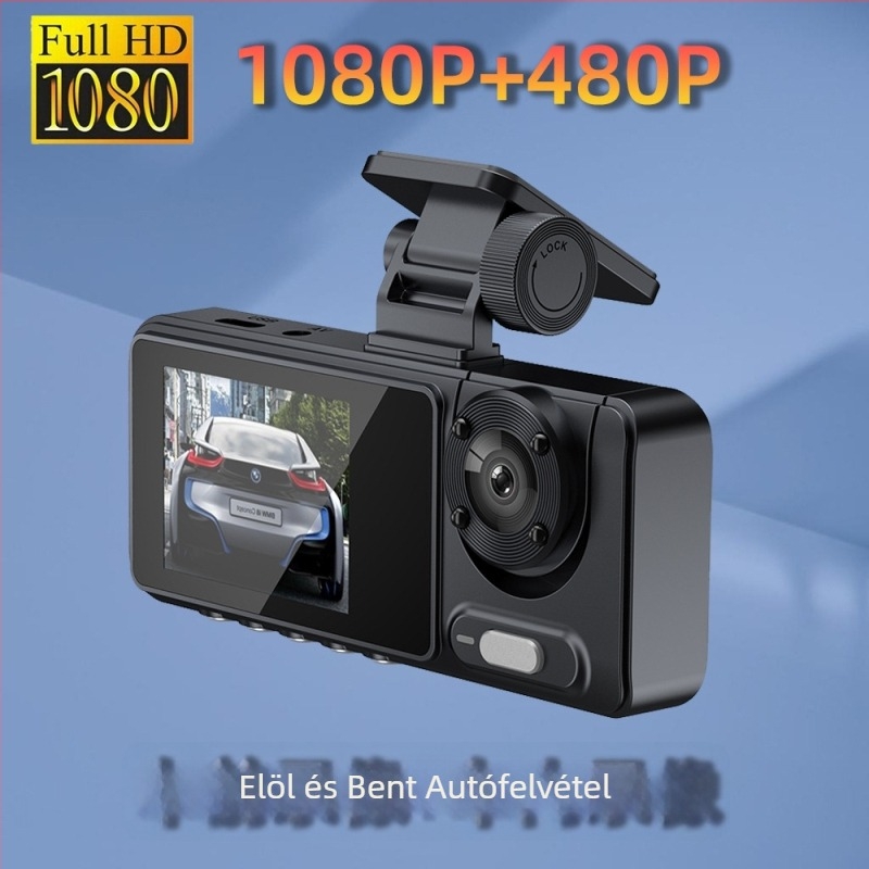 Háromlencsés autós dashcam, 1080p felvétel, 170° látószög, GPS nyomkövetés, Wi‑Fi