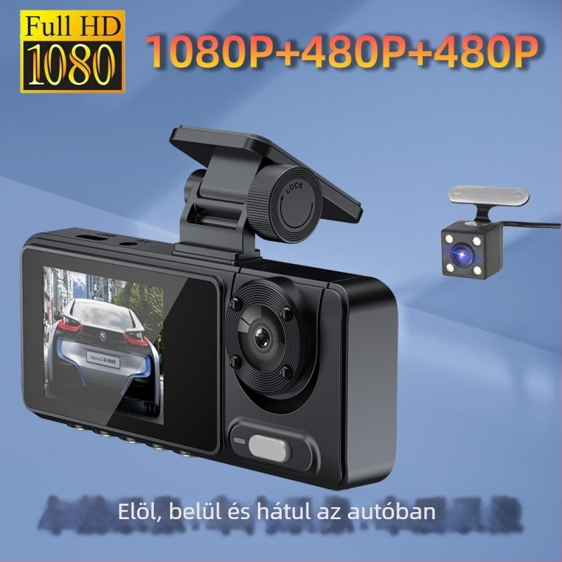 Háromlencsés autós dashcam, 1080p felvétel, 170° látószög, GPS nyomkövetés, Wi‑Fi
