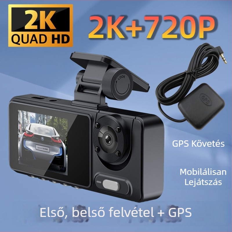 Háromlencsés autós dashcam, 1080p felvétel, 170° látószög, GPS nyomkövetés, Wi‑Fi