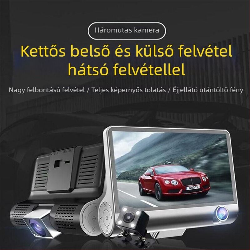 HD éjszakai látású dash kamera, három lencsés kialakítás belső és külső felvételekhez