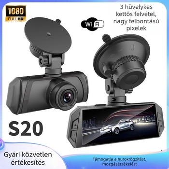 S20 autós dash cam 3,16 hüvelykes IPS kijelzővel, éjjellátás 1080P, kétlencsés, WiFi