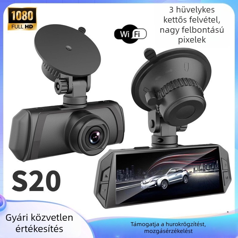 S20 autós dash cam 3,16 hüvelykes IPS kijelzővel, éjjellátás 1080P, kétlencsés, WiFi