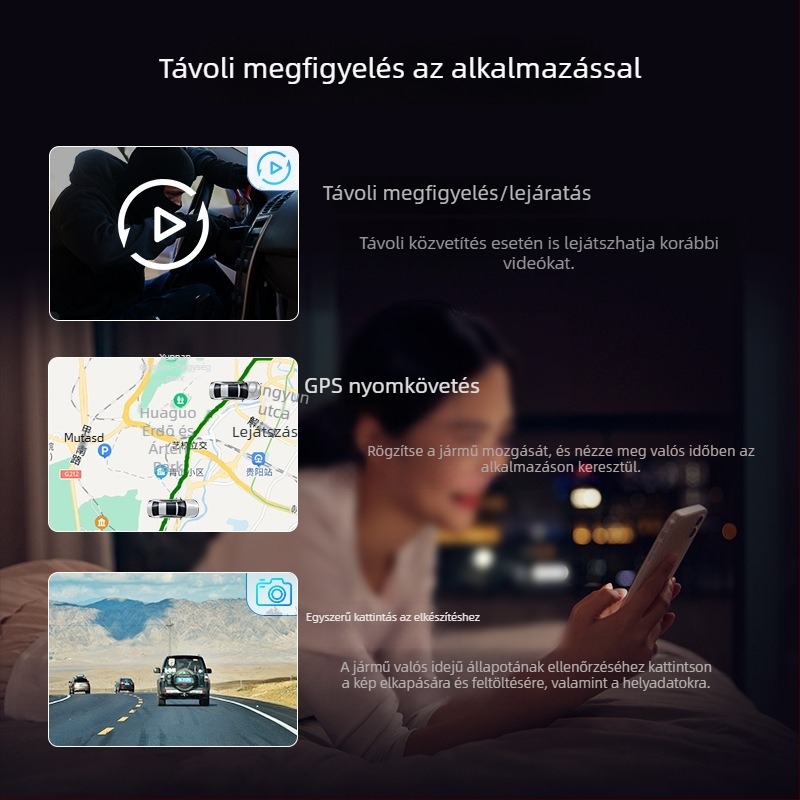4G távoli megfigyeléses autós dashcam, elő- és hátsó kettős kamerával, 2160p, GPS, körkörös felvétel
