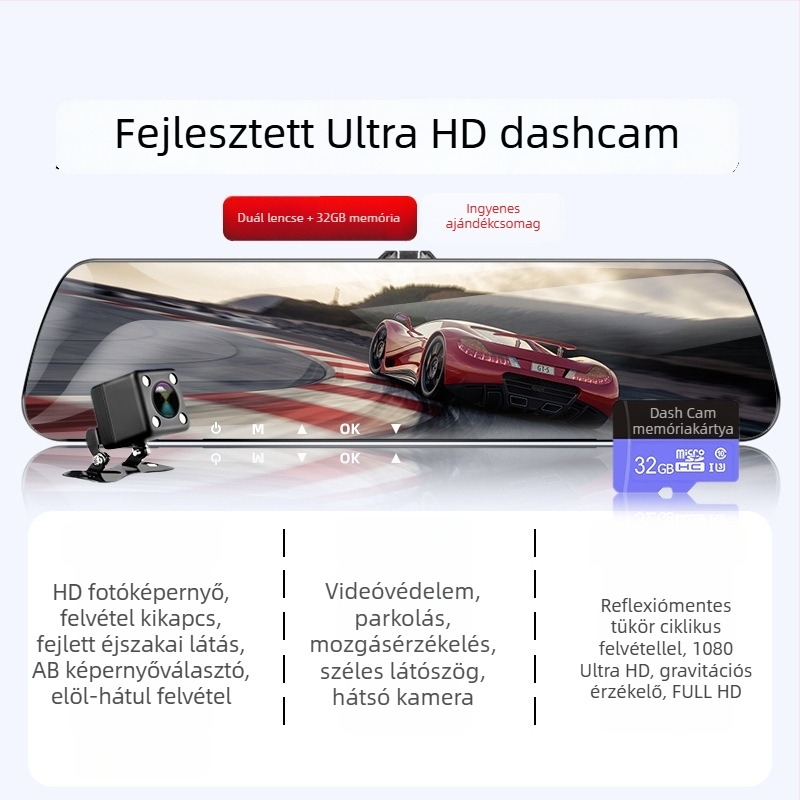 Autó dash kamera – elől-hátul egyidejű felvétel, 360° panoráma, 1080p, éjszakai látás, F2.0-ös fényerő