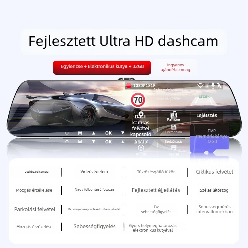 Autó dash kamera – elől-hátul egyidejű felvétel, 360° panoráma, 1080p, éjszakai látás, F2.0-ös fényerő