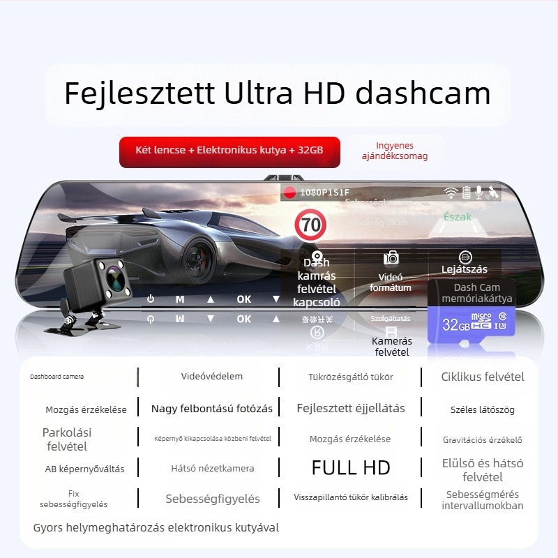 Autó dash kamera – elől-hátul egyidejű felvétel, 360° panoráma, 1080p, éjszakai látás, F2.0-ös fényerő