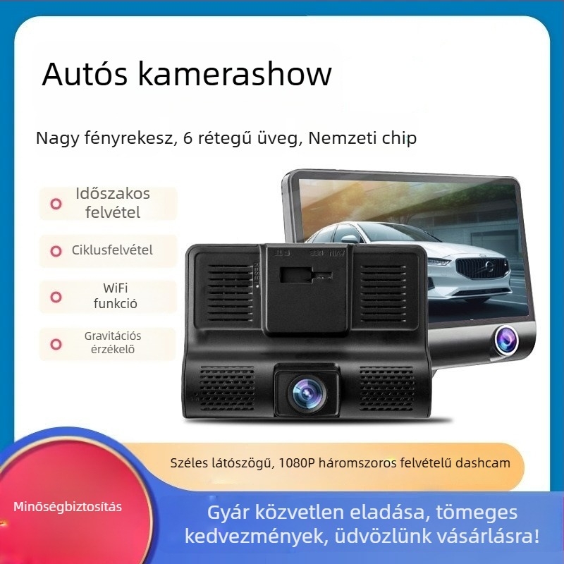 Háromlencsés dashcam, 1080p videó, 170° látómező, körkörös felvétel, Wi‑Fi