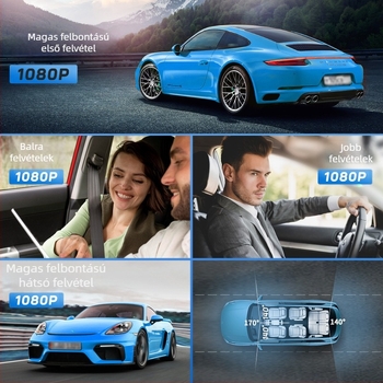 Négycsatornás autós dash cam 170° látószög, 1080p felbontás, 3,0 hüvelykes kijelző, Wi‑Fi (TF-kártya)