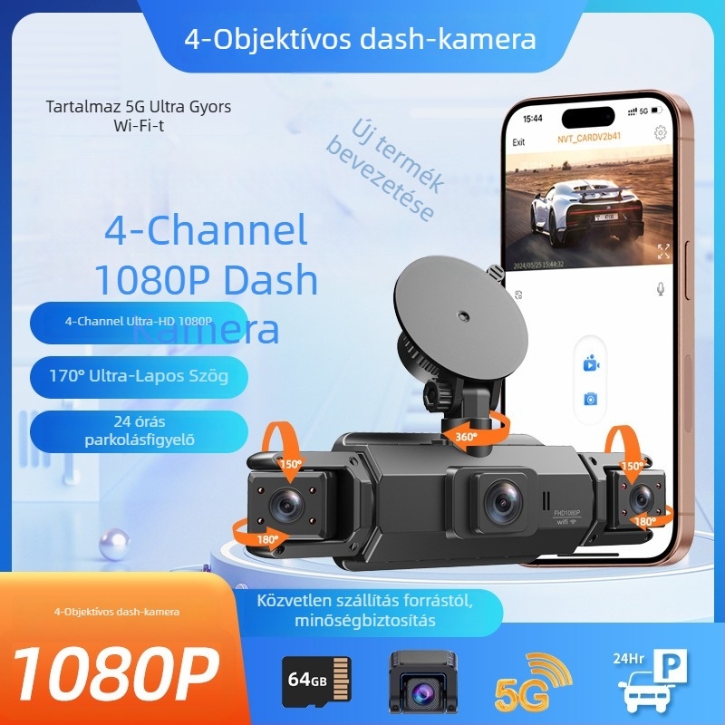 Négycsatornás autós dash cam 170° látószög, 1080p felbontás, 3,0 hüvelykes kijelző, Wi‑Fi (TF-kártya)