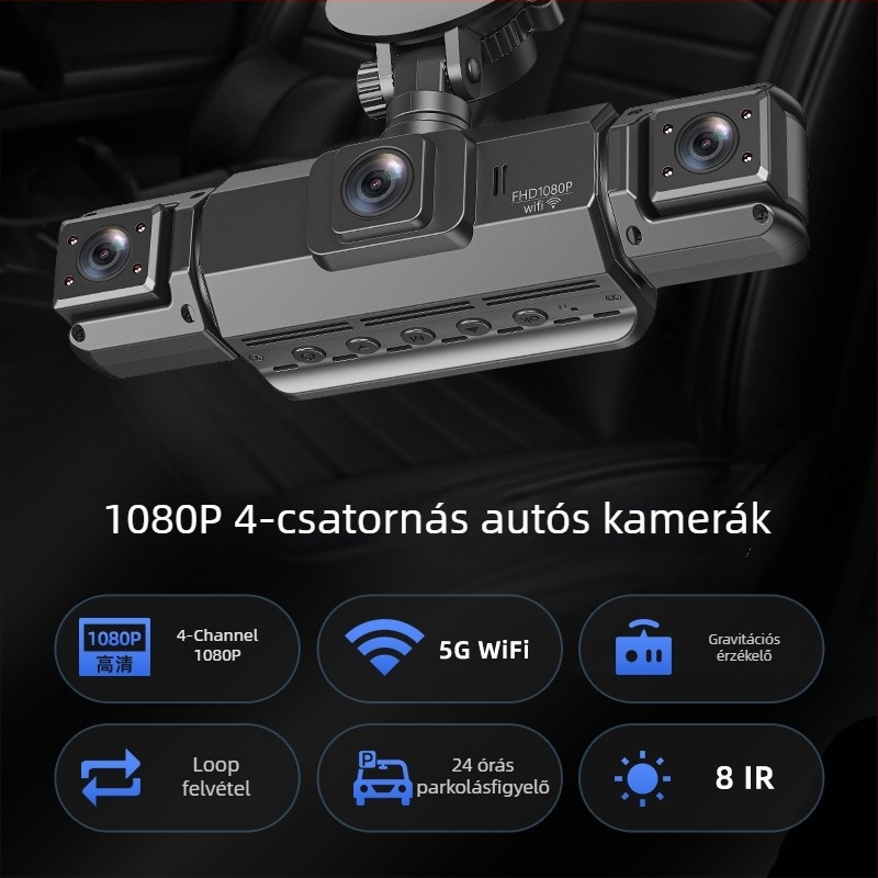 Négycsatornás autós dash cam 170° látószög, 1080p felbontás, 3,0 hüvelykes kijelző, Wi‑Fi (TF-kártya)