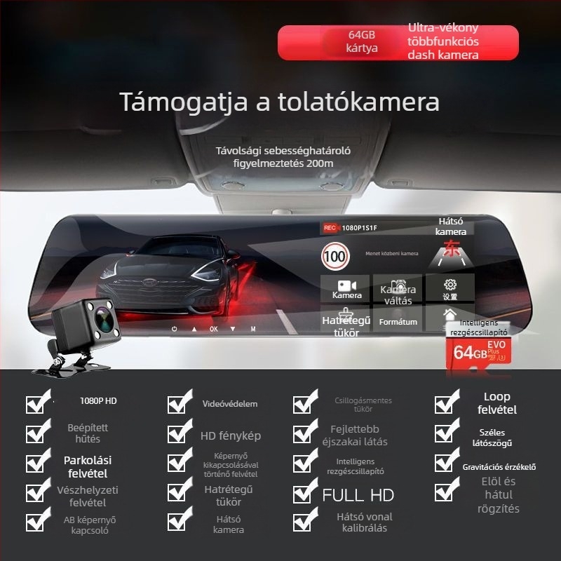 360° panoráma autós kamera elöl-hátul kettős objektívvel, 1080P, éjjellátás, 170° látószög