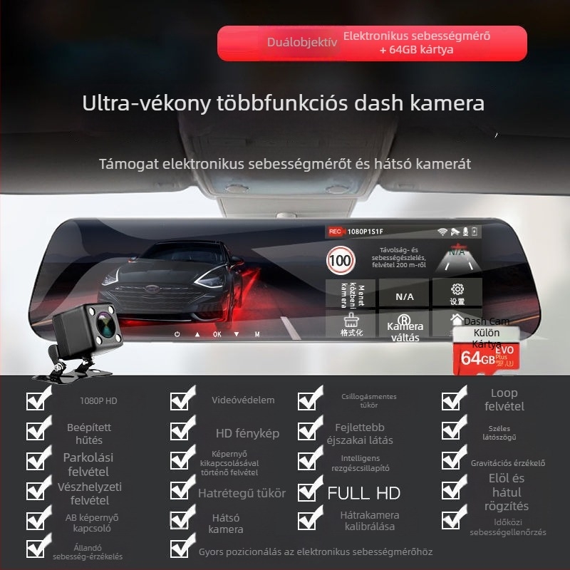 360° panoráma autós kamera elöl-hátul kettős objektívvel, 1080P, éjjellátás, 170° látószög