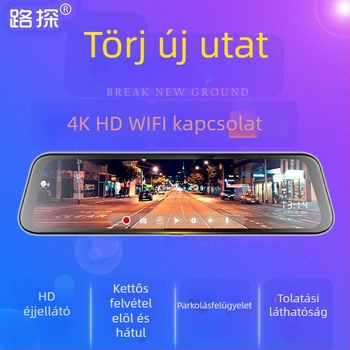 Új 4K HD visszapillantó tükrös dashcam, Wi‑Fi, kettős objektív, telefonos lejátszás, hátrameneti kép, csillagfényes éjjellátás, 10 hüvelykes kijelző