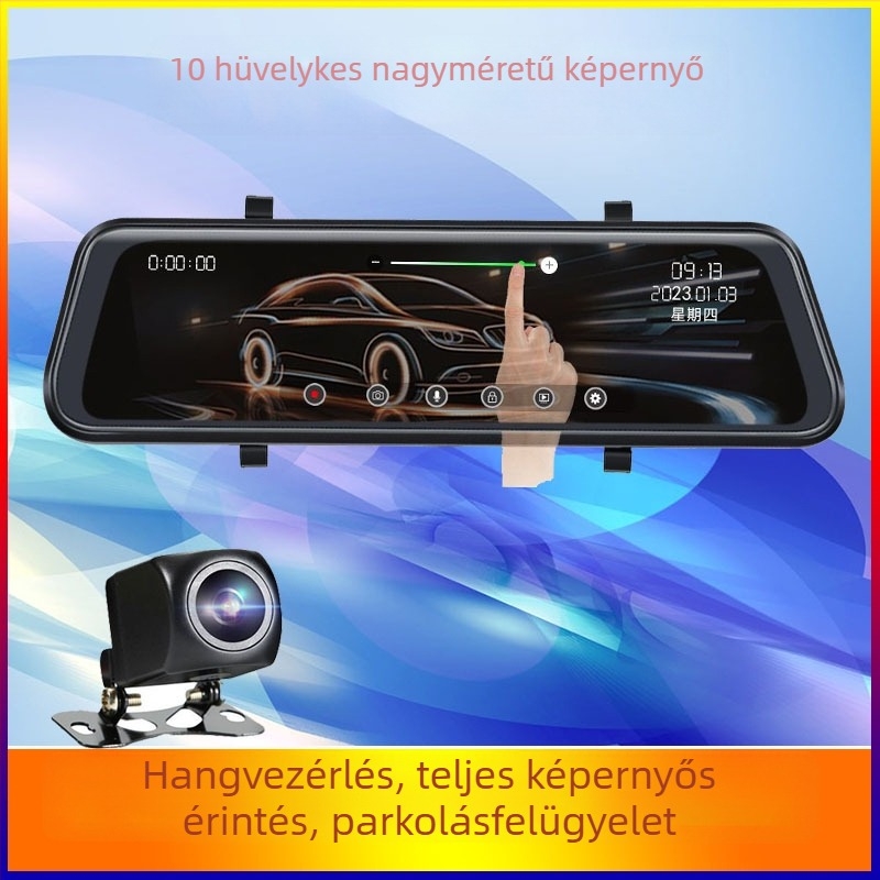 Új 4K HD visszapillantó tükrös dashcam, Wi‑Fi, kettős objektív, telefonos lejátszás, hátrameneti kép, csillagfényes éjjellátás, 10 hüvelykes kijelző
