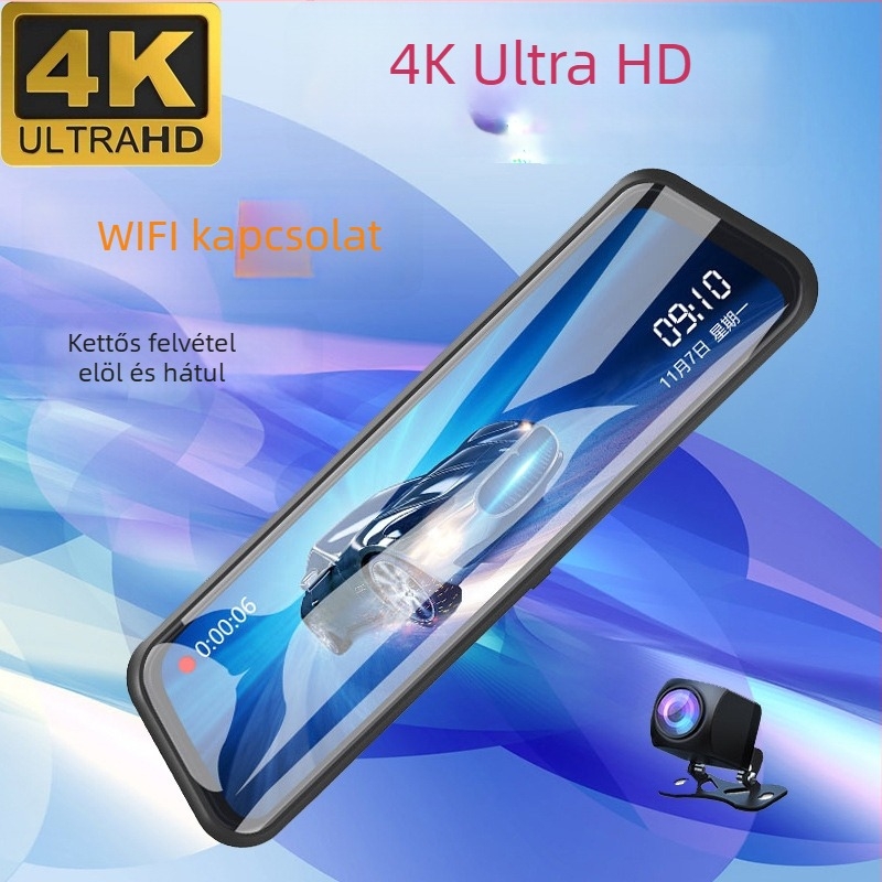 Új 4K HD visszapillantó tükrös dashcam, Wi‑Fi, kettős objektív, telefonos lejátszás, hátrameneti kép, csillagfényes éjjellátás, 10 hüvelykes kijelző