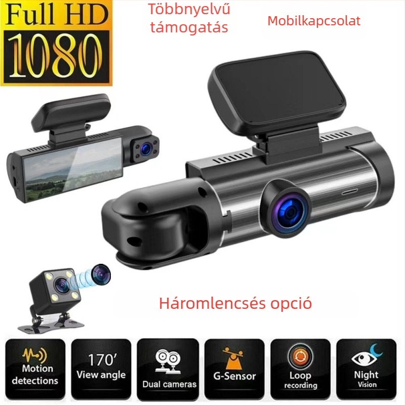 M8 háromlencsés autós dashcam elő-, belső- és hátsó kamerával, 1080p éjszakai látás, széles látómező, Wi‑Fi