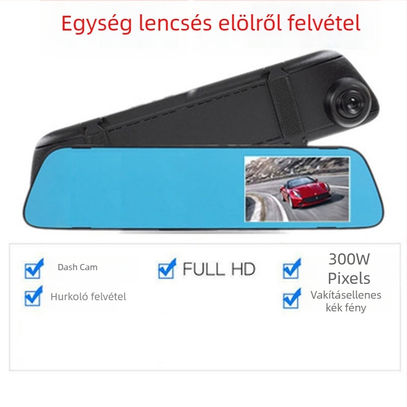 Visszapillantó tükör DVR-rel – előre és hátra kettős felvétel, 1080p, 100° látószög, éjszakai látás, parkolási felügyelet