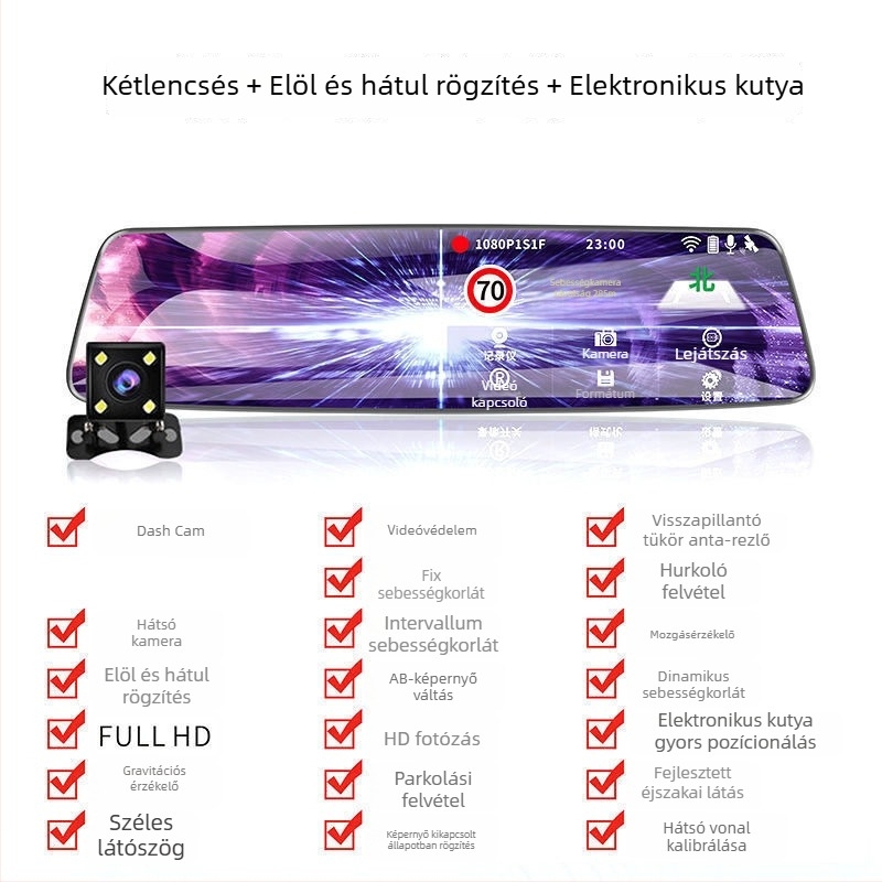 Visszapillantó tükör DVR-rel – előre és hátra kettős felvétel, 1080p, 100° látószög, éjszakai látás, parkolási felügyelet