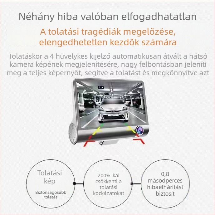 4 hüvelykes háromlencsés autós dashcam, elöl, belső és hátsó kamerával, 1080p éjjellátás
