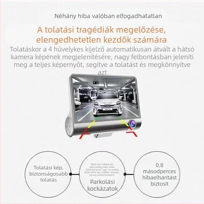 4 hüvelykes háromlencsés autós dashcam, elöl, belső és hátsó kamerával, 1080p éjjellátás