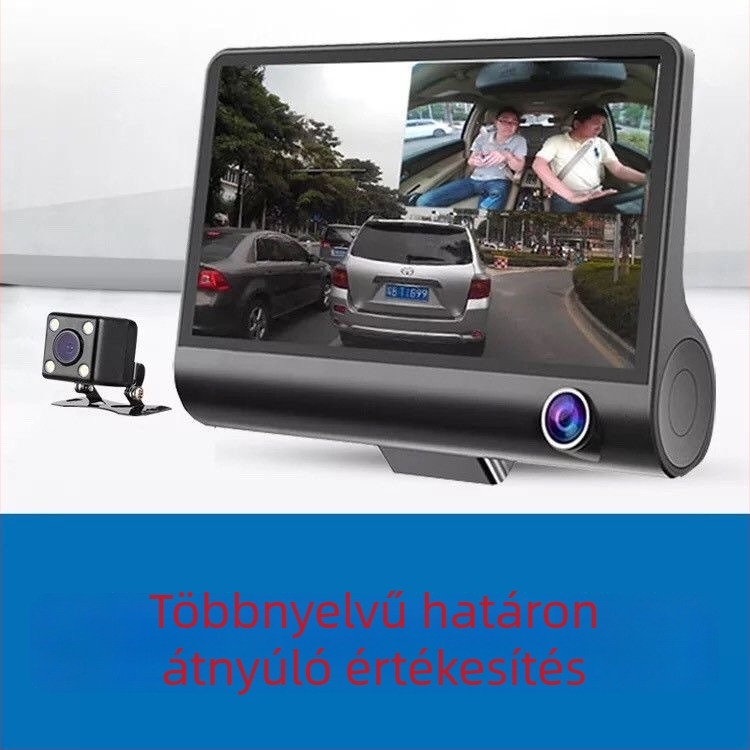 4 hüvelykes háromlencsés autós dashcam, elöl, belső és hátsó kamerával, 1080p éjjellátás