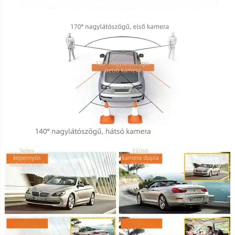 4 hüvelykes háromlencsés autós dashcam, elöl, belső és hátsó kamerával, 1080p éjjellátás