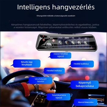 Wi‑Fi‑vel csatlakoztatott, 10 hüvelykes autó dash kamera teljes képernyővel, duális felvétel, HD éjjellátás, 24 órás megfigyelés