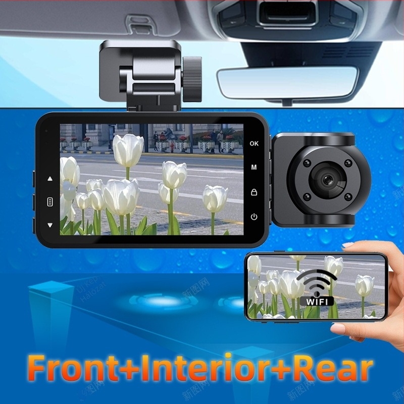 Autós dash kamera 1080p HD infravörös éjszakai látással, háromcsatornás felvétel elő- és hátsó kamerával, Wi‑Fi, 3,0 hüvelykes kijelző