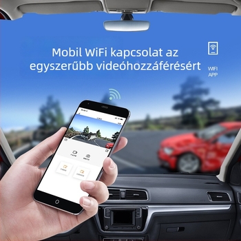 AutóDash Cam kettős lencsével, 170° látómező, ciklikus felvétel, Wi‑Fi, 1,7 hüvelykes kijelző