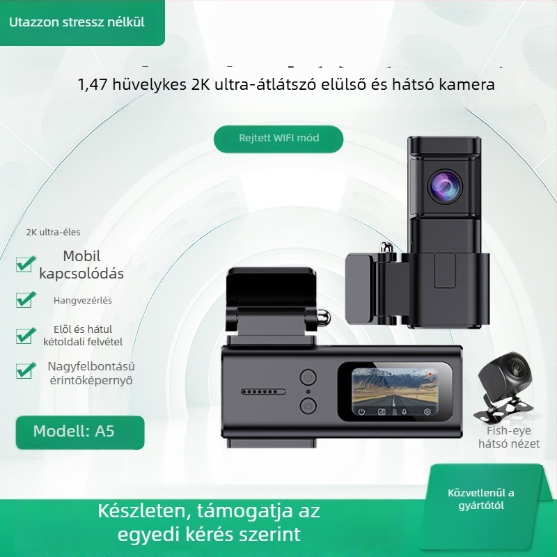 AutóDash Cam kettős lencsével, 170° látómező, ciklikus felvétel, Wi‑Fi, 1,7 hüvelykes kijelző
