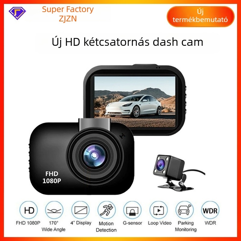 Autós dashcam elő- és hátsó kettős felvétellel, 1080p, infravörös éjszakai kép, 120° széles látószög, mozgásérzékelés