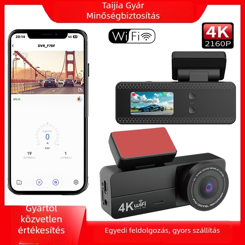 4K autós dashcam WiFi-vel, 170° széles látószög, éjszakai látás, ciklikus felvétel