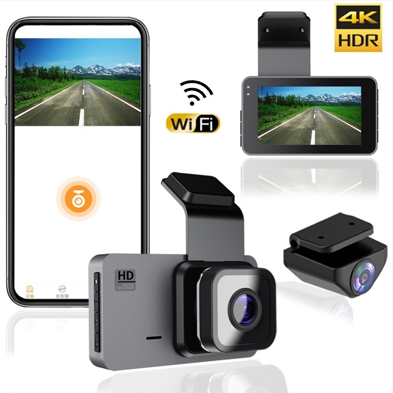 Autóba szerelhető Wi-Fi dash cam, kettős lencsével, 4K/2K HD éjjellátás, GPS