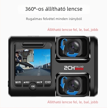 Kétlencsés autós dash cam, HD éjjellátás, 170° széles látószög, vezeték nélküli, 24 órás parkolási megfigyelés