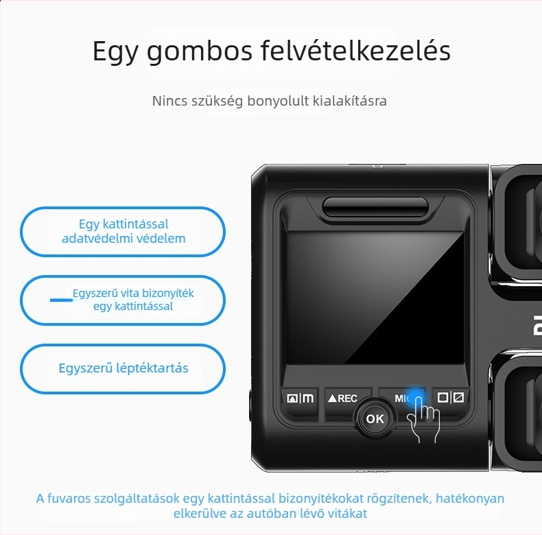 Kétlencsés autós dash cam, HD éjjellátás, 170° széles látószög, vezeték nélküli, 24 órás parkolási megfigyelés