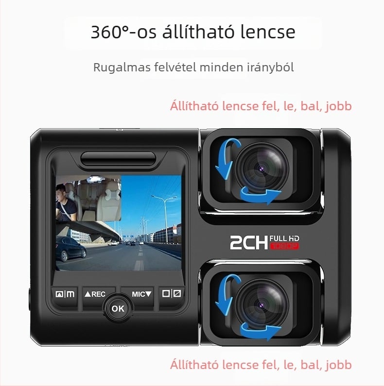 Kétlencsés autós dash cam, HD éjjellátás, 170° széles látószög, vezeték nélküli, 24 órás parkolási megfigyelés