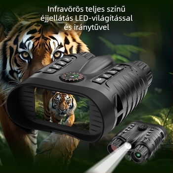 Infravörös éjjellátó teleszkóp 8x nagyítással, 24 mm objektív, kb. 400 m látótávolság teljes sötétben, beépített 4500 mAh akkumulátor, iránytű és fehér fény