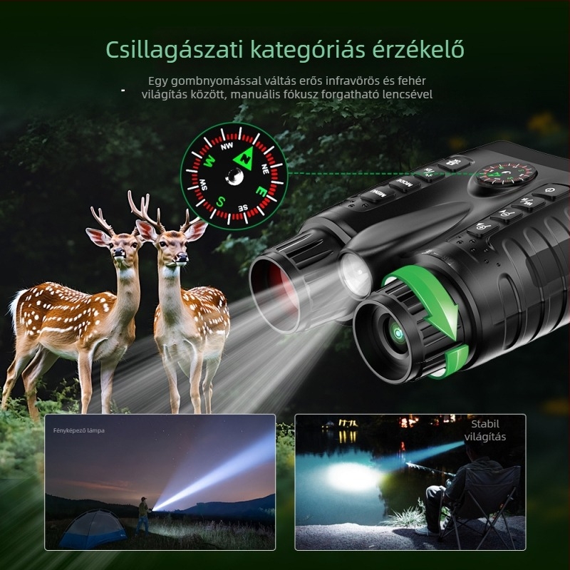 Infravörös éjjellátó teleszkóp 8x nagyítással, 24 mm objektív, kb. 400 m látótávolság teljes sötétben, beépített 4500 mAh akkumulátor, iránytű és fehér fény
