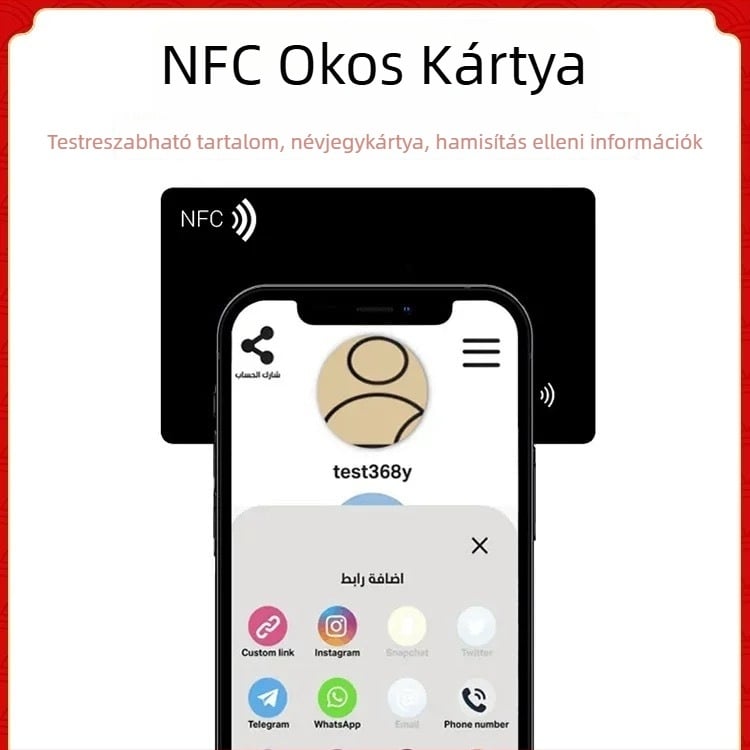 NFC/RFID okos névjegykártya, érintés nélküli, 144 bájt tárhely, 100000 törlési ciklus, -25°C–75°C működési hőmérséklet
